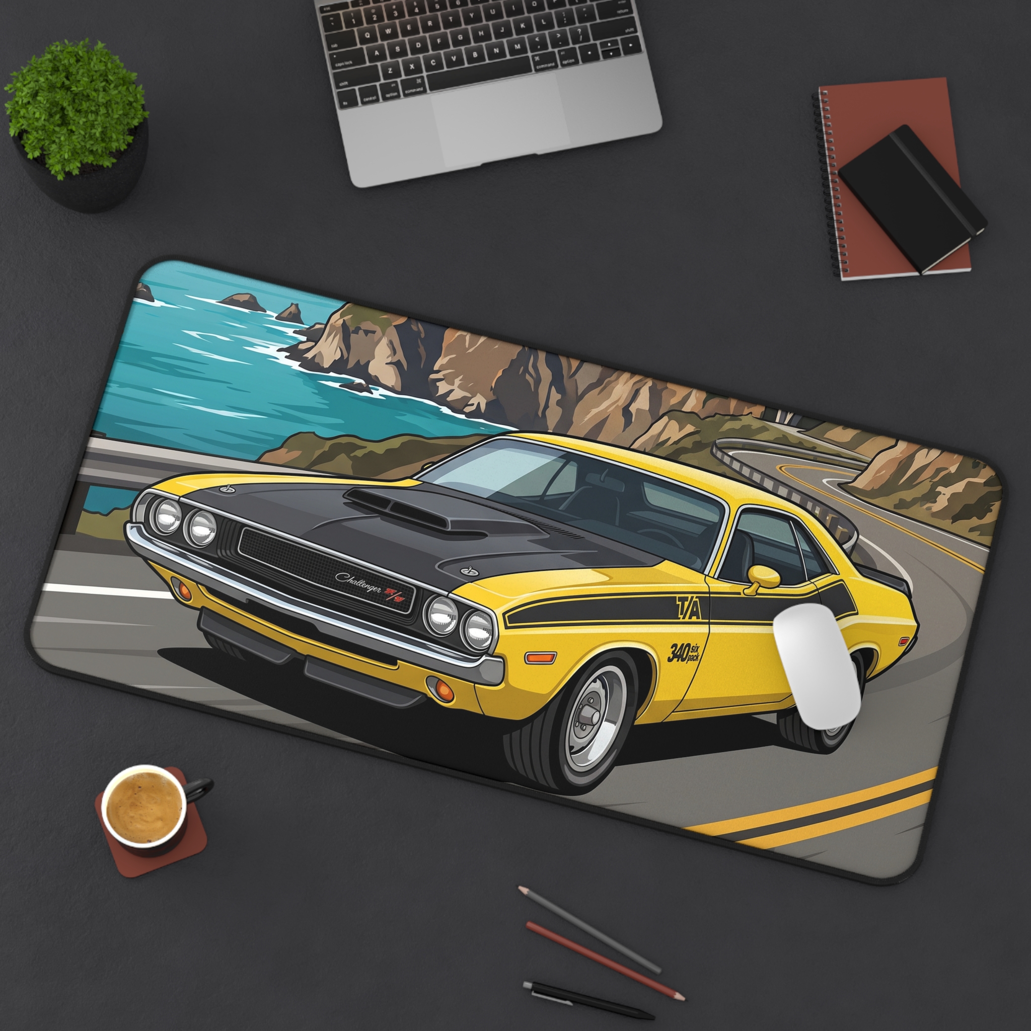 Vintage Muscle Car Desk Mat — Yellow Challenger Coastal Road Illustration - Image 12