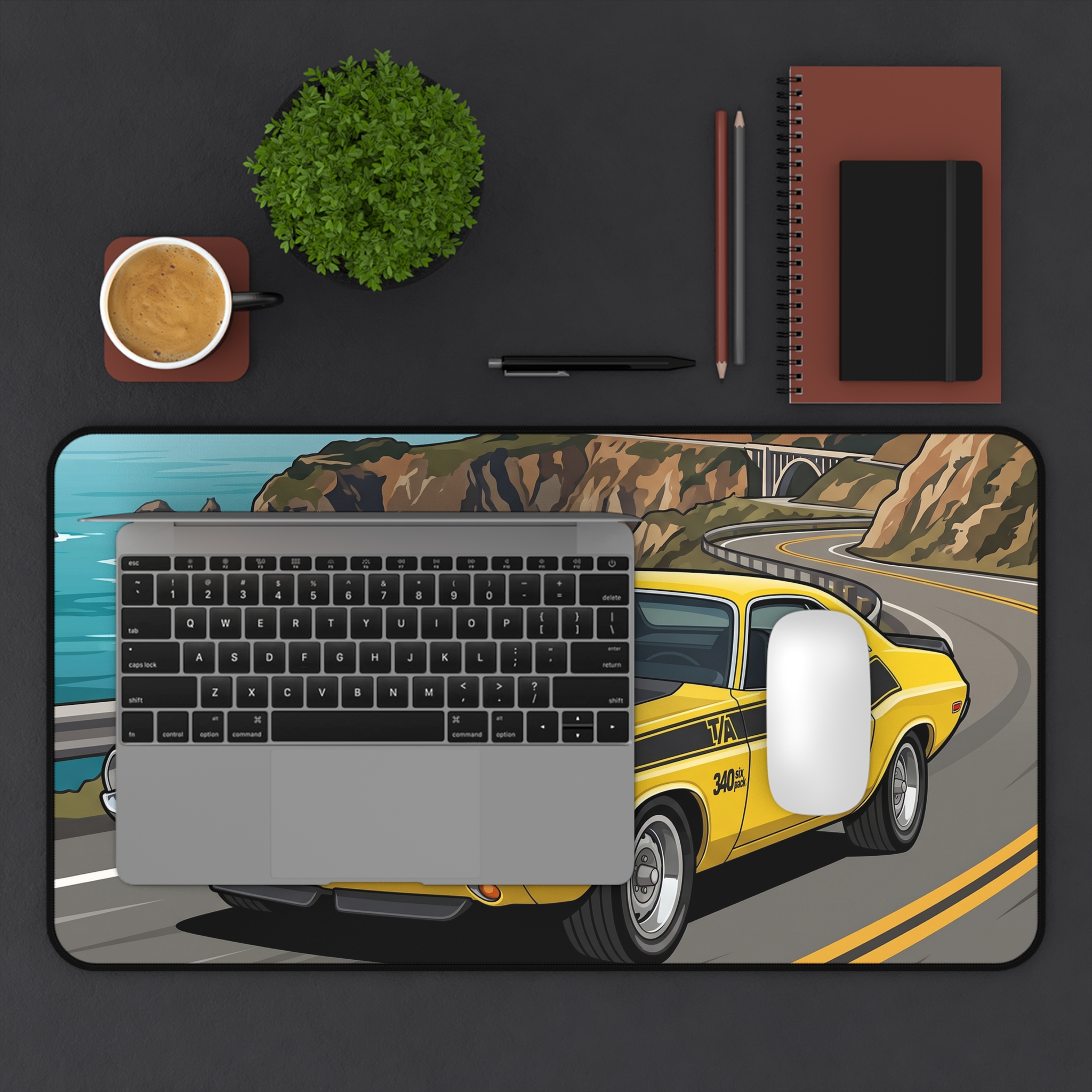 Vintage Muscle Car Desk Mat — Yellow Challenger Coastal Road Illustration - Image 7