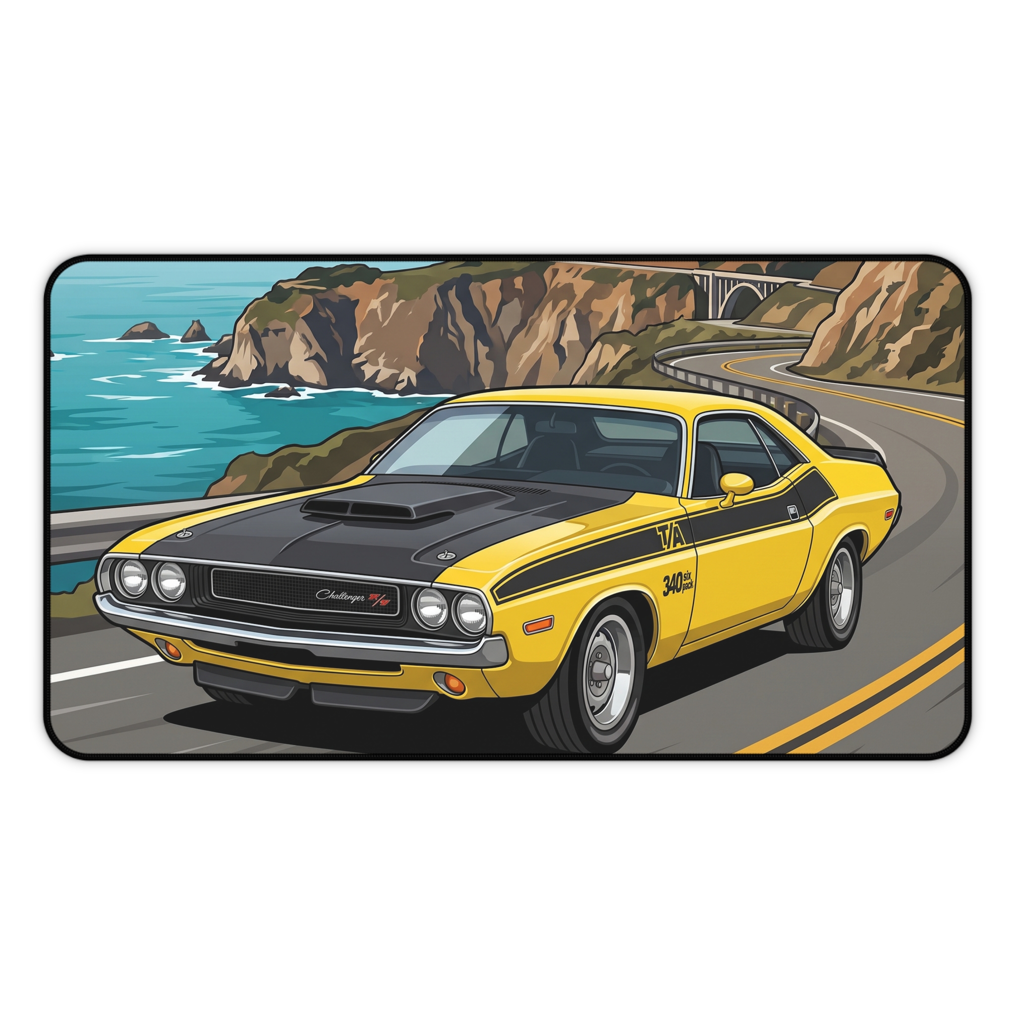 Vintage Muscle Car Desk Mat — Yellow Challenger Coastal Road Illustration - Image 5