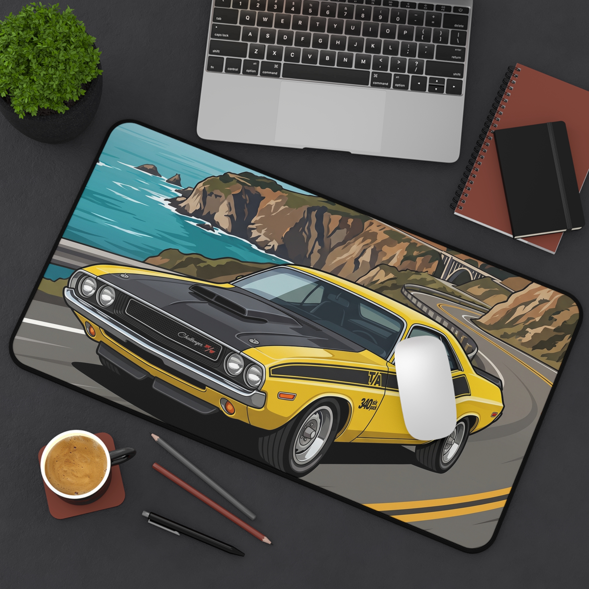 Vintage Muscle Car Desk Mat — Yellow Challenger Coastal Road Illustration - Image 8