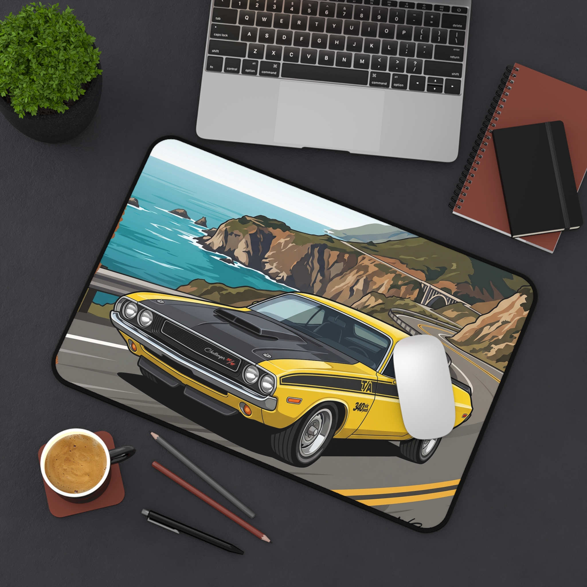 Vintage Muscle Car Desk Mat — Yellow Challenger Coastal Road Illustration - Image 4