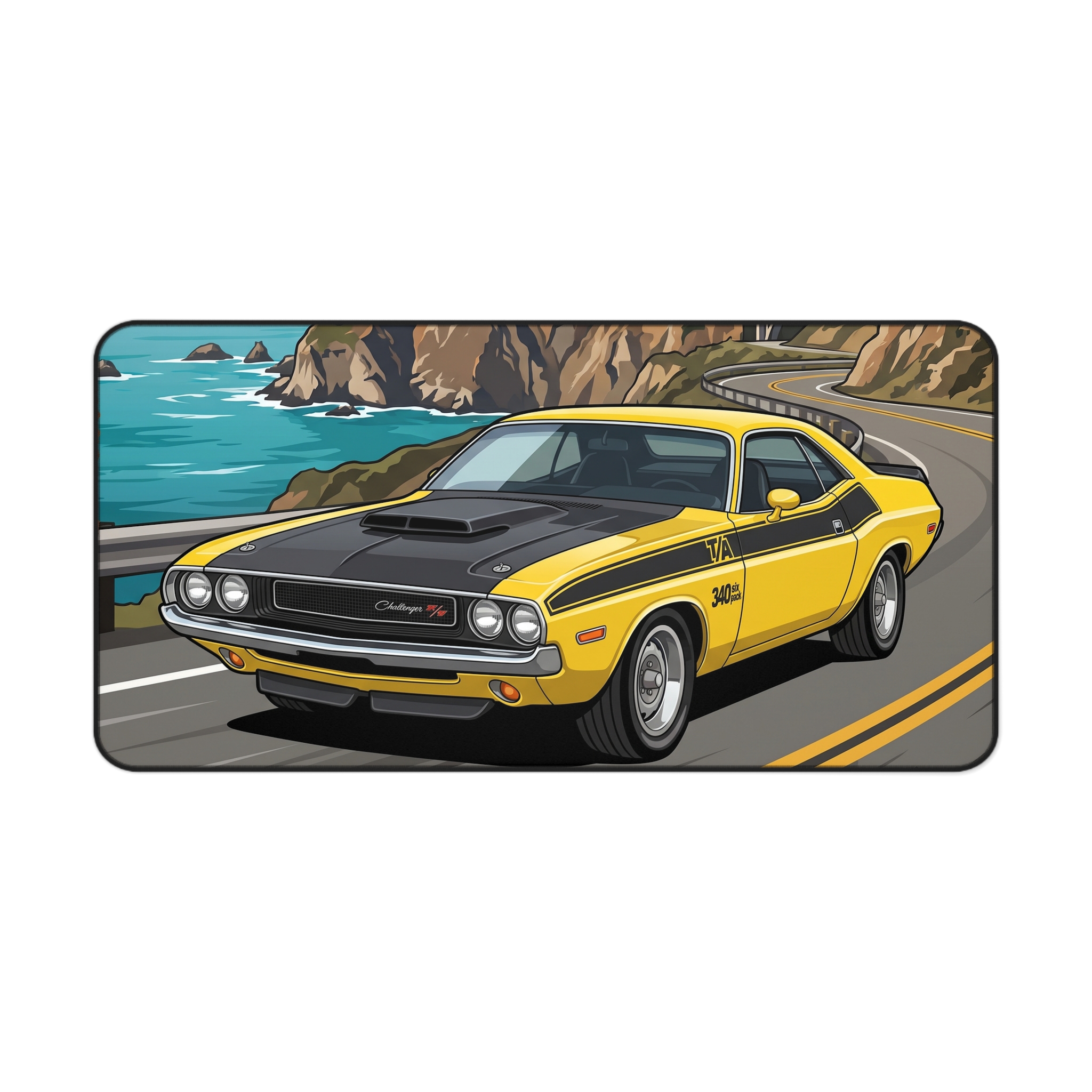 Vintage Muscle Car Desk Mat — Yellow Challenger Coastal Road Illustration - Image 9