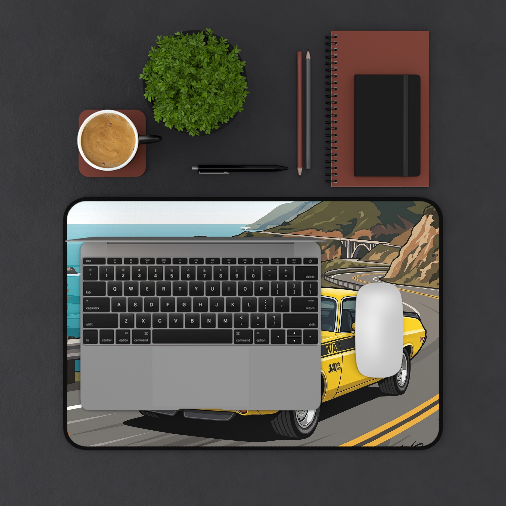 Vintage Muscle Car Desk Mat — Yellow Challenger Coastal Road Illustration - Image 3