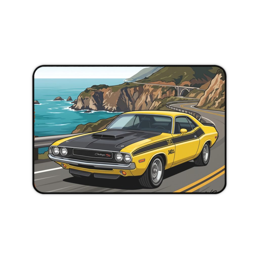 Vintage Muscle Car Desk Mat — Yellow Challenger Coastal Road Illustration