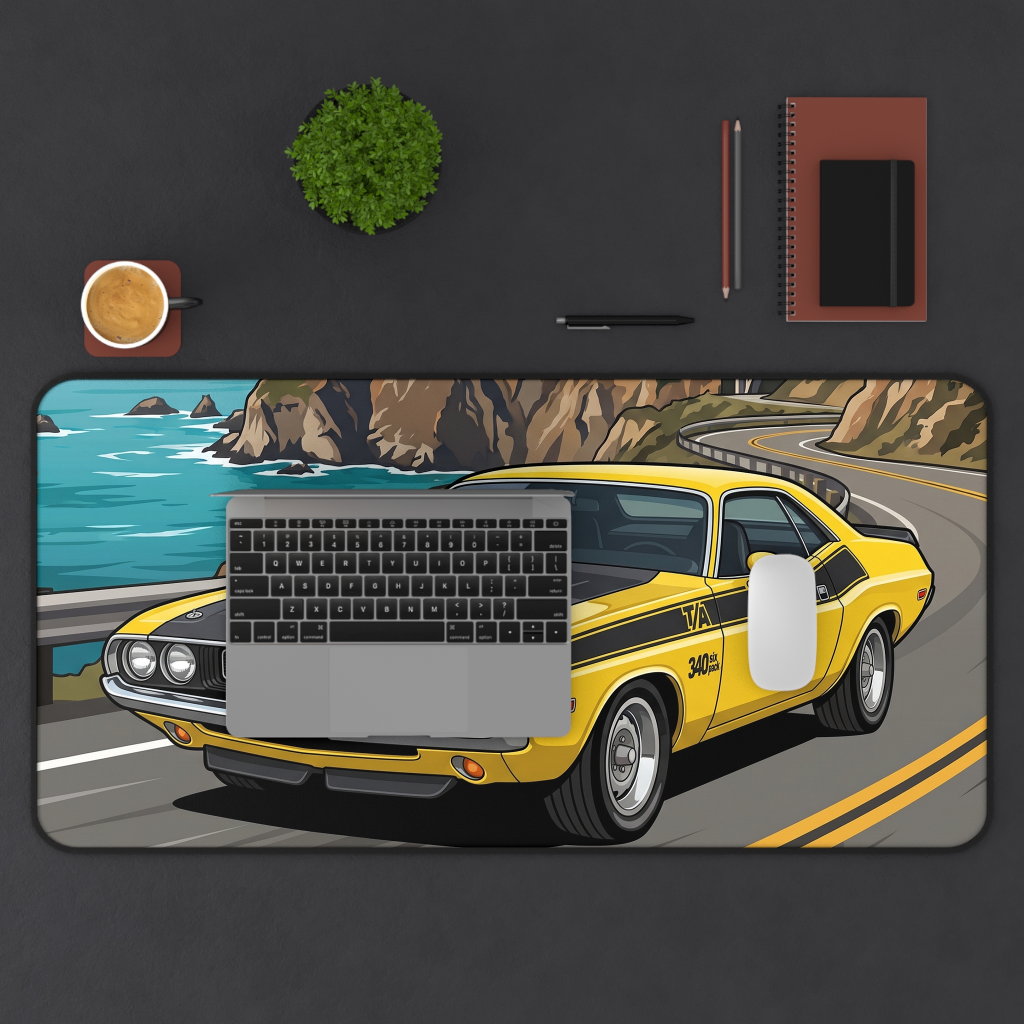 Vintage Muscle Car Desk Mat — Yellow Challenger Coastal Road Illustration - Image 11